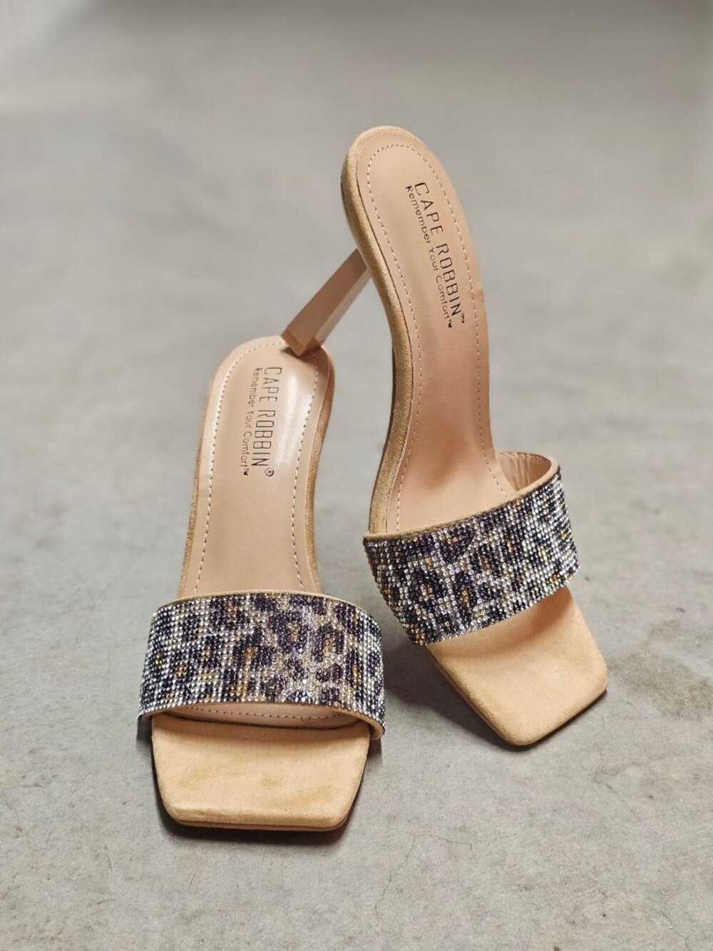 Beaded Leopard Print Square-Toe Open Heels With Stiletto Heel Design